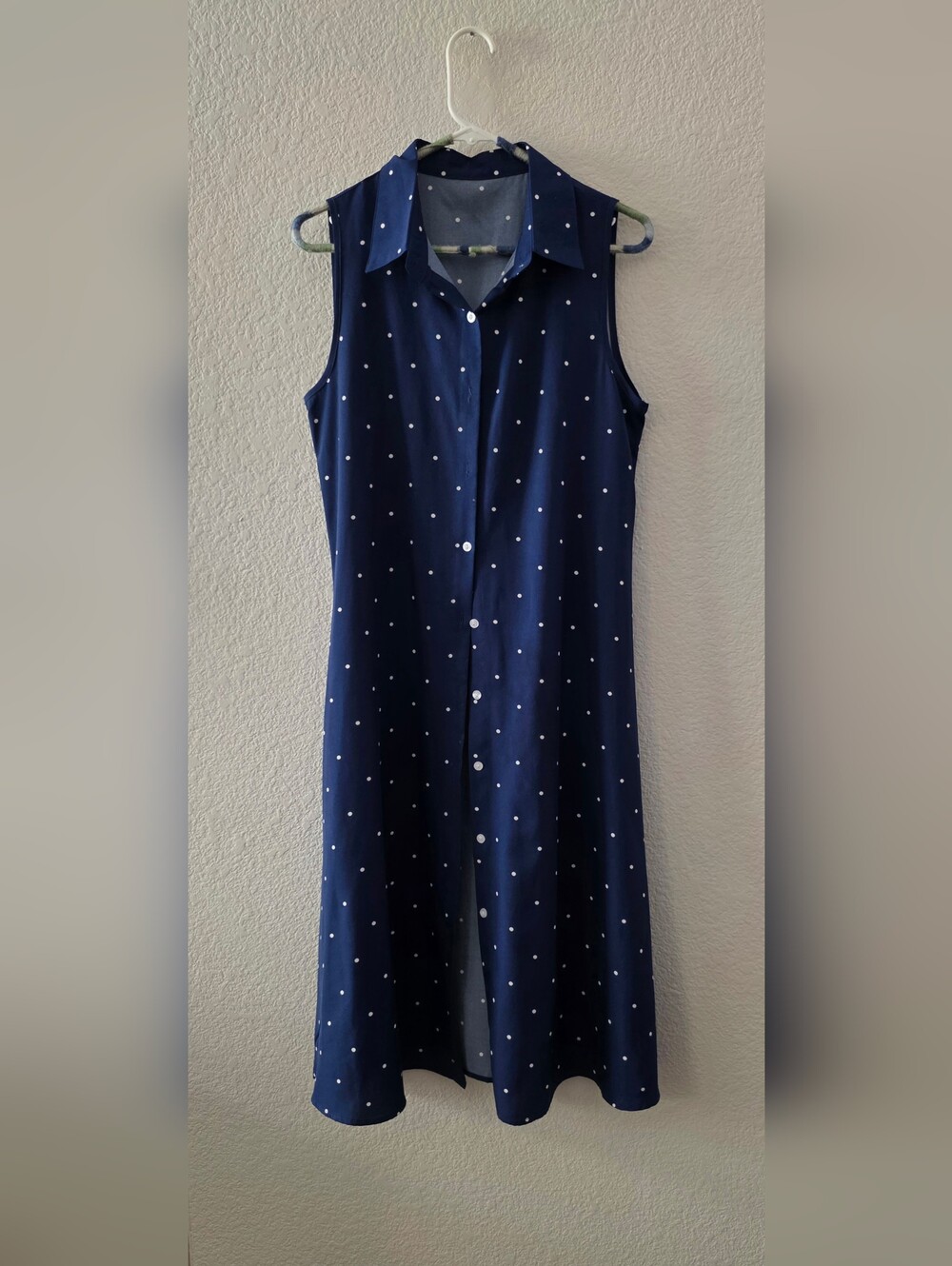 Navy Sleeveless Button-Front Polka Dot Dress
